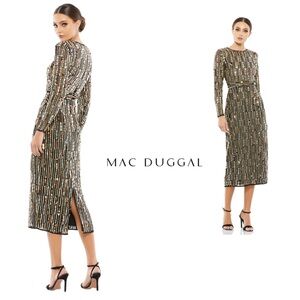 NEW Mac Duggal Beaded Black and Gold Long Sleeve Dress